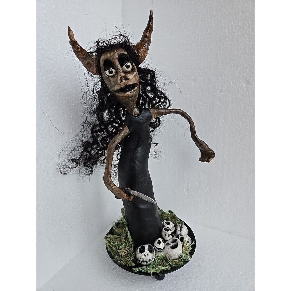 Creepy Hand-Sculpted Art Doll OOAK Signed Horned Beast Creature